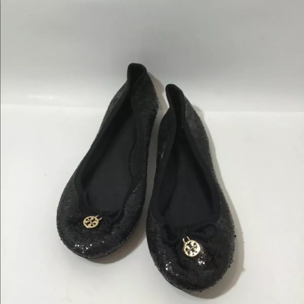 TORY BURCH Chelsea Blk Glitter Flats Size 8L 8.5R